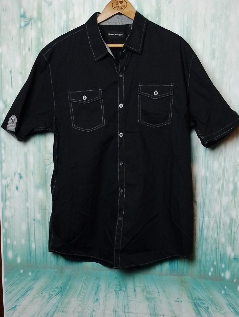 Michael Brandon Black Short-Sleeve Button-Down Shirt with Contrast Stitching XXL